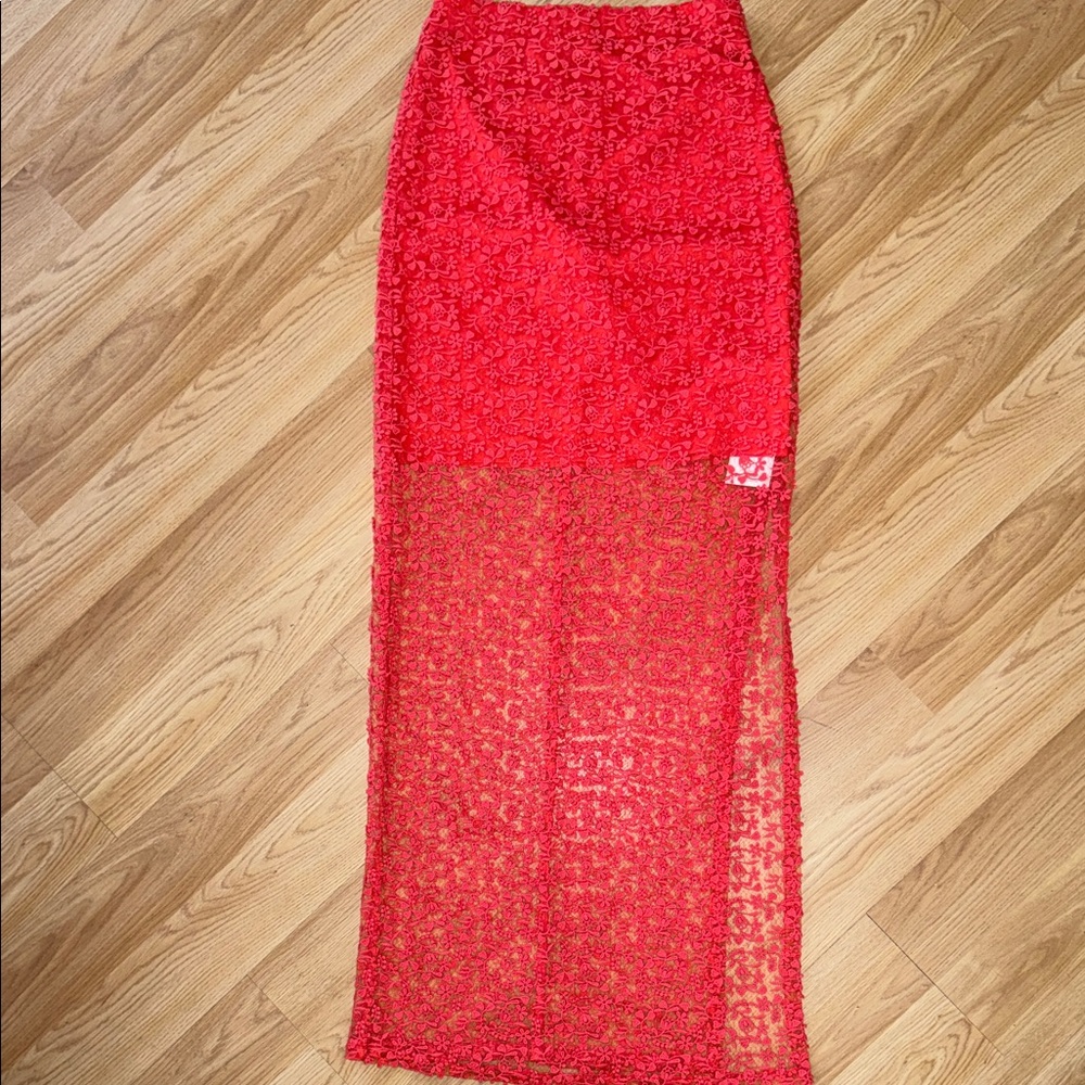 Alice + Olivia Red Embroidered Lace Maxi Skirt Size 4